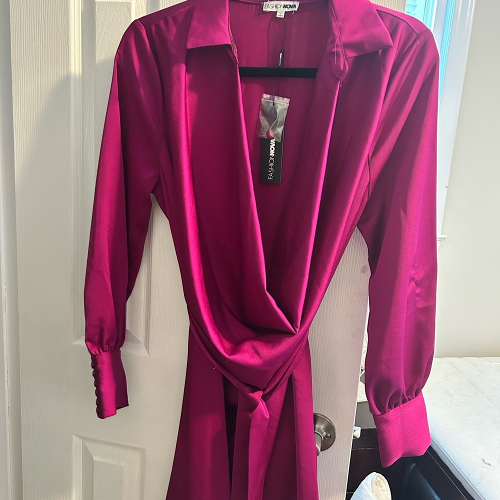 Fuchsia Long Sleeve Wrap Dress